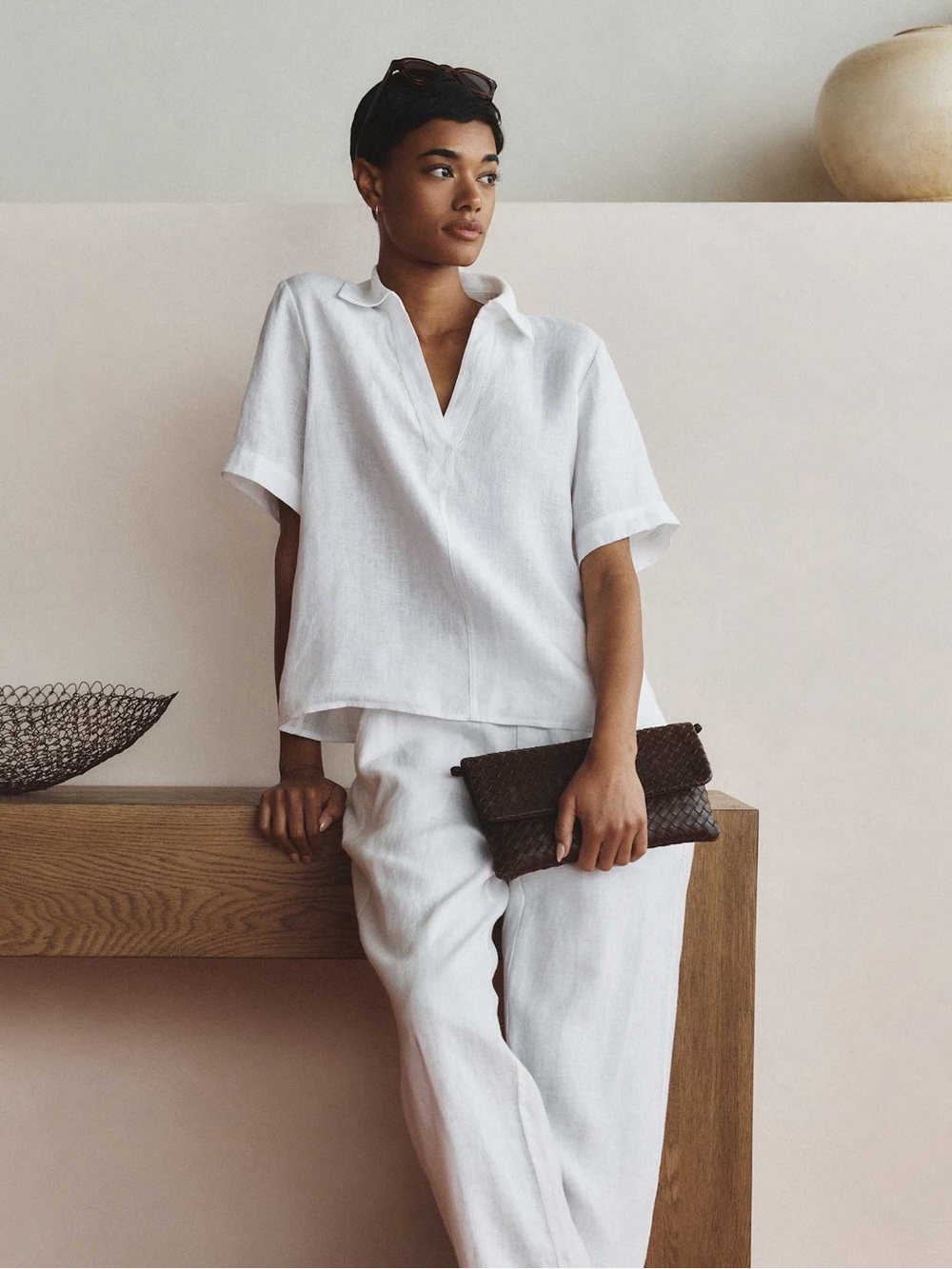 Quince 100% European Linen Short Sleeve Popover Top White Preppy Coastal Sz XS